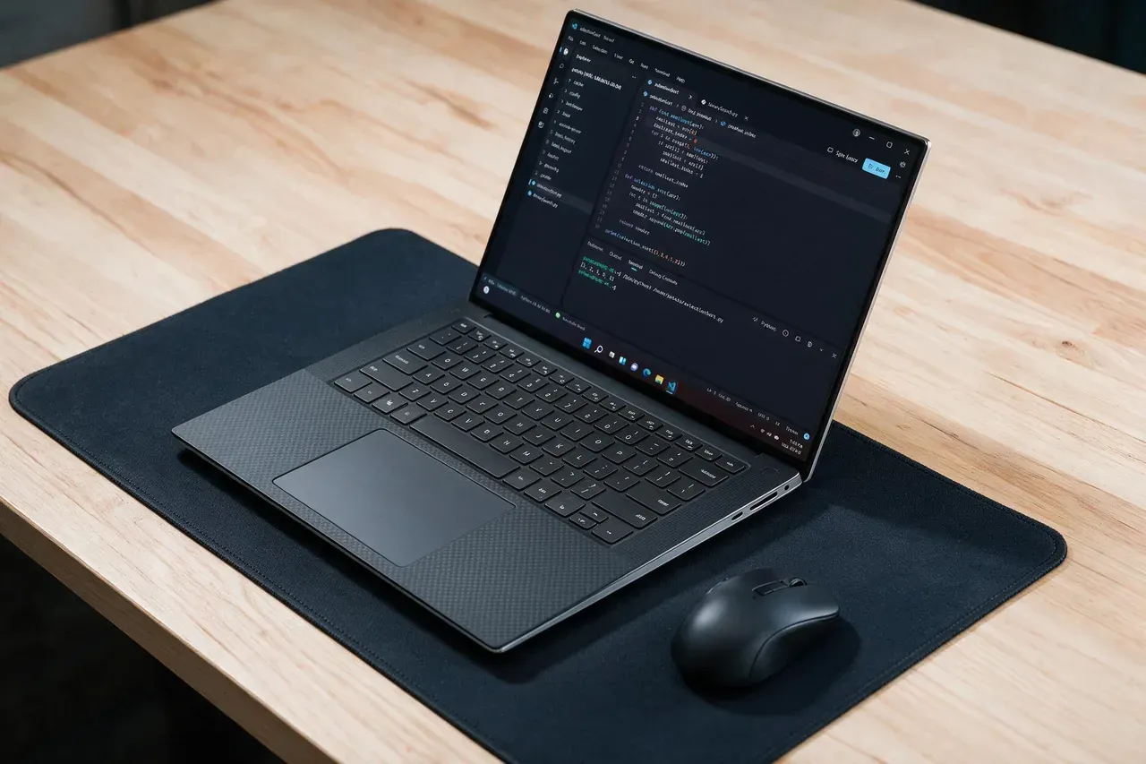 A laptop on a wooden desk with a Python file open in the editor
