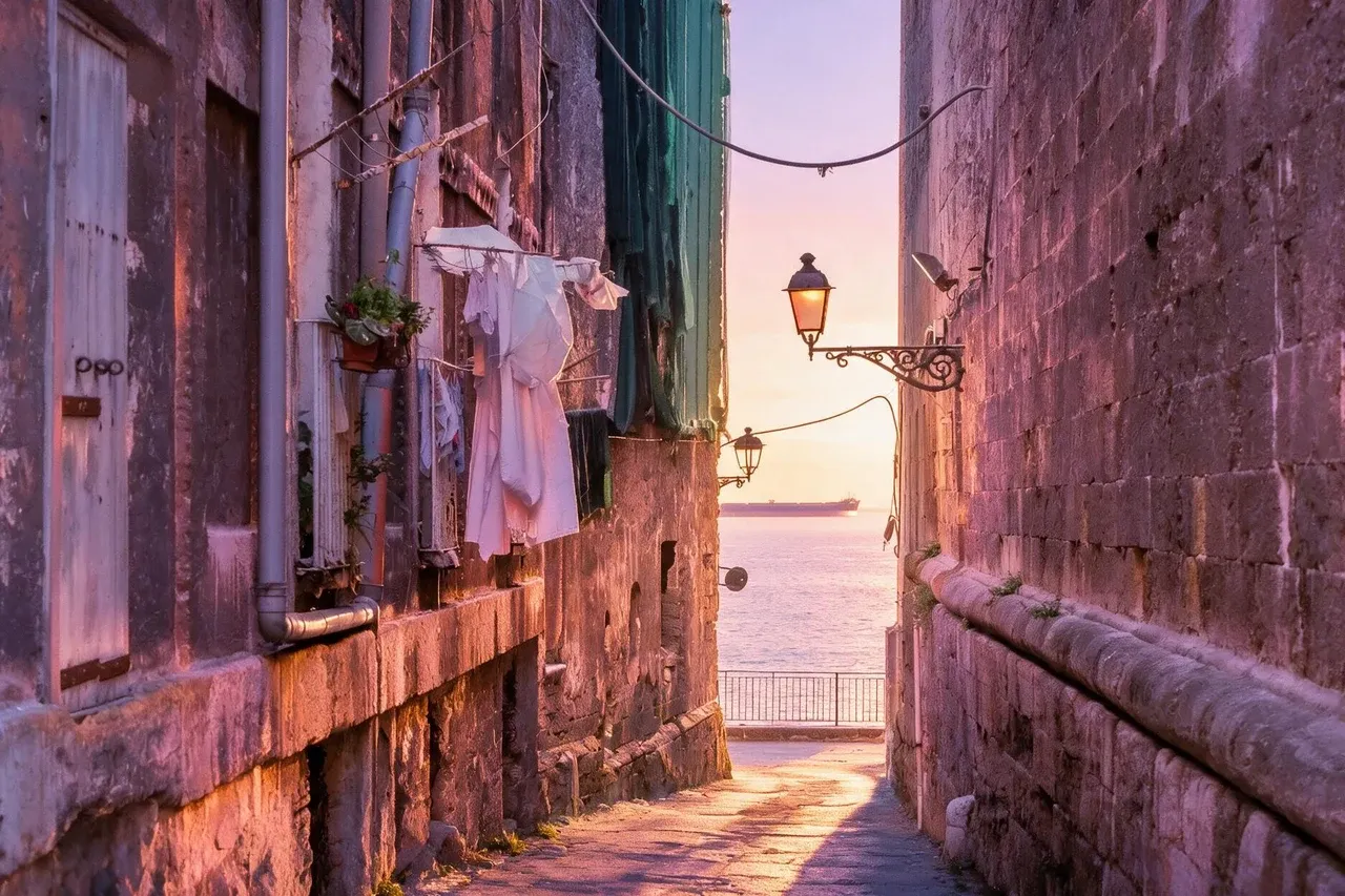 An alley in Taranto's old town opening onto the sea