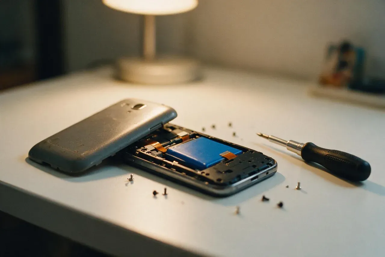 An old phone opened up under a desk lamp, its back cover and screws set aside next to a screwdriver