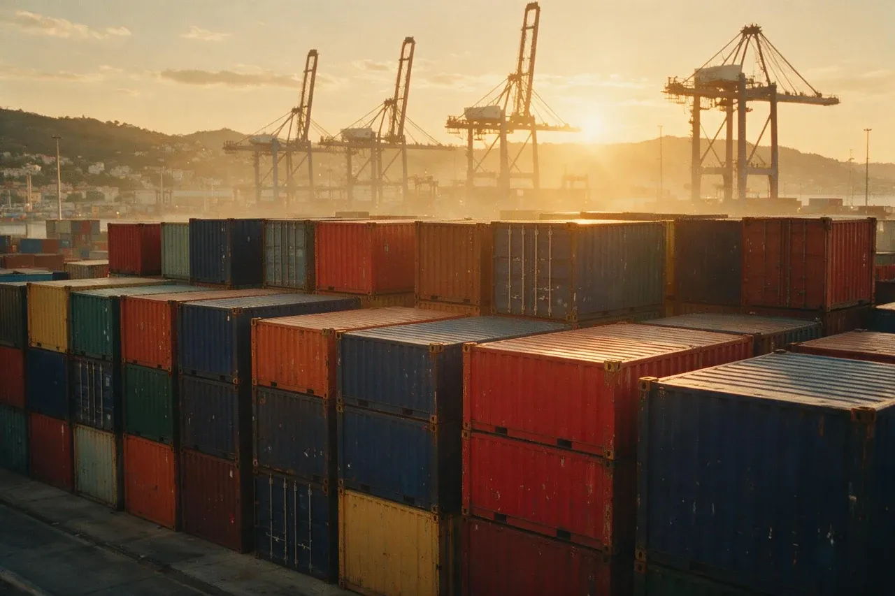 Stacked shipping containers and gantry cranes at a port at sunset