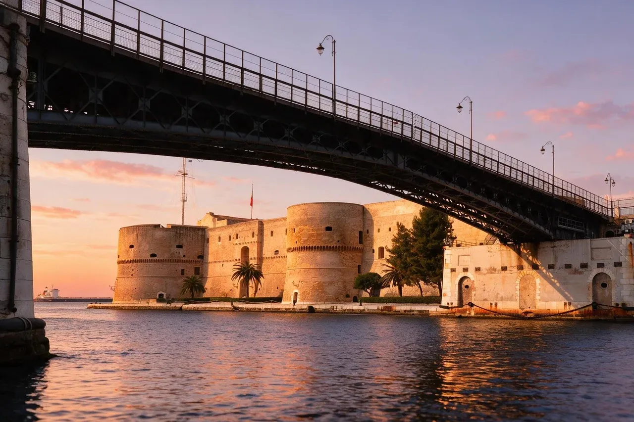 The swing bridge and the Aragonese castle in Taranto at sunset